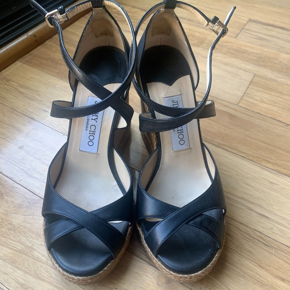 Jimmy Choo Alanah Leather Wedge Sandals, Black, Size 37.5